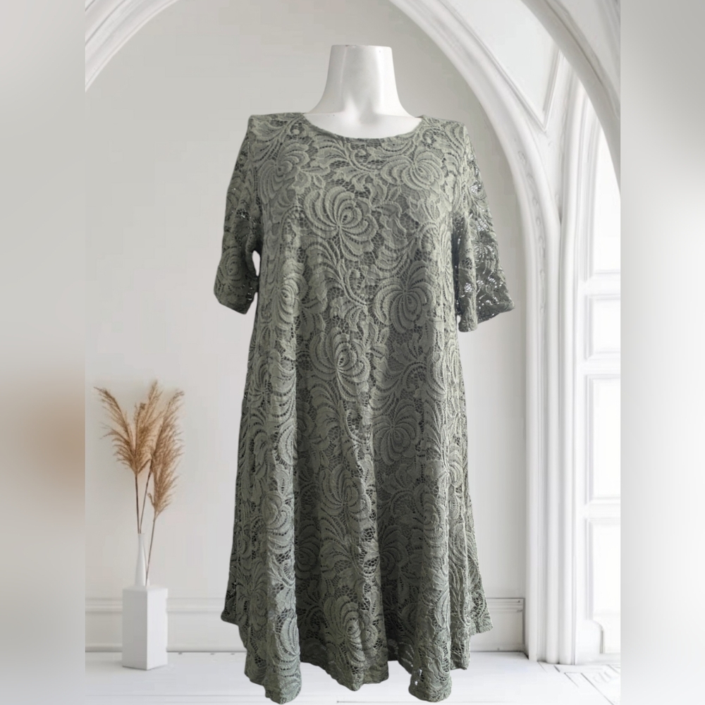 Sharagano Sage Green Floral Lace Lined Scoop Neck Tent Dress Size 8